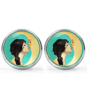 Kiss The Moon Studs | Retro Turquoise Moon Earrings | Man in the Moon Stud Earrings