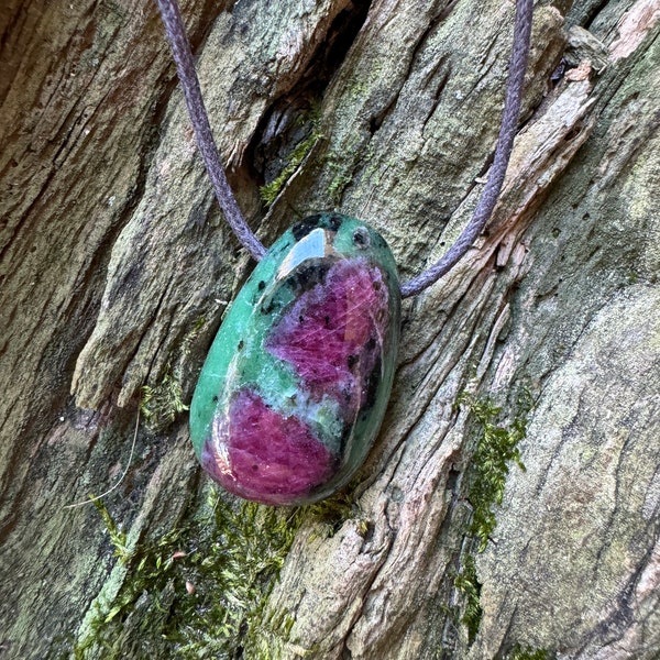 Hand polished and Drilled  Ruby in Zoisite Pendant 16.9g, Necklace Specimen Mineral Crystal