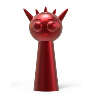 May include: A red, metallic, cartoon-like figure with a spiky head and large eyes. The figure has a cone-shaped body.