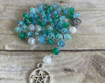 Blue sparkle pagan rosary, pentacle rosary, prayer beads, wiccan jewelry, handmade, one of a kind