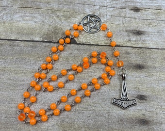 Bright orange glow in the dark mjolnir rosary, pagan prayer beads, wiccan prayer beads, witch rosary, witch prayer beads, thor prayer beads