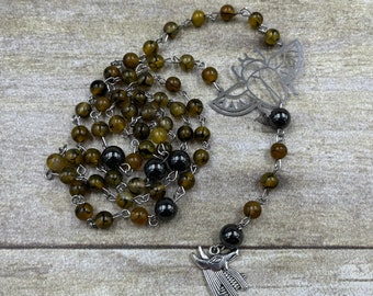 Yellow vein agate Anubis prayer beads, Anubis rosary, pagan prayer beads, pagan rosary, occult rosary, occult prayer beads, witch rosary