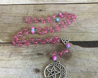 Pink pentacle moon rosary, pentacle rosary, wiccan jewelry, celtic inspired, pagan rosary, pagan prayer beads, handmade