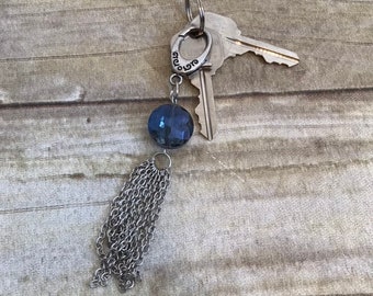 Blue chain tassel keychain, tassel purse charm, boho keychain, first time driver gift, unique keychain, tassel accessories, glass keychain