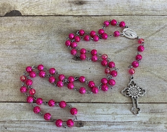 Bright pink lava rock rosary, catholic rosary, holy rosary, stone rosary, metallic rosary, women’s rosary, baptism gift, first communion