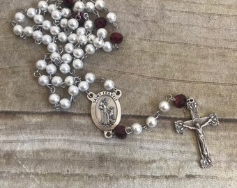 White red and black saint francis rosary, italian silver rosary, glass faux pearl rosary, catholic rosary, baptism gift, confirmation gift