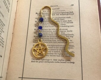 Iridescent blue and gold pentacle bookmark, pagan bookmark, wiccan bookmark, occult bookmark, witch bookmark