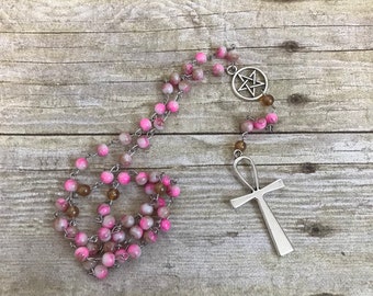 Pink and brown ankh pagan rosary