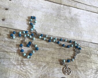 Blue two toned pagan rosary, wiccian gift, pentacle rosary