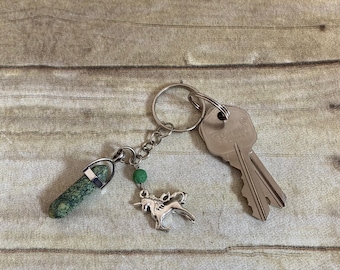 Green snakeskin jasper unicorn keychain, crystal keychain, essential oil keychain, diffuser keychain, metaphysical keychain, horse keychain