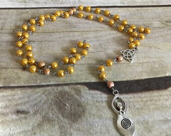 Yellow and silver spiral goddess rosary, pagan rosary, wiccan jewelry, pagan prayer beads, spiral goddess