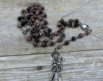 Pink and black rhodonite Santa Muerte rosary, Santisima Muerte rosary, Nuestra Senora de la Santa Muerte, holy death rosary, sacred death
