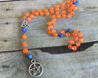 Orange and blue pagan rosary, pentacle jewelry, pentacle rosary, pentacle necklace, wiccan jewelry, pagan prayer beads, wiccan rosary