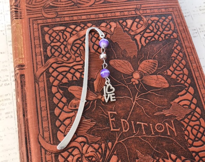Featured listing image: Purple and silver love bookmark, romantic bookmark, Valentine's Day gift, anniversary gift, wedding gift, beaded bookmark