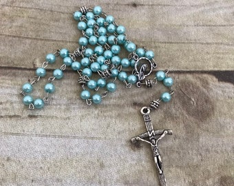 Light blue faux pearl rosary, baptism gift, prayer beads, religious jewelry, handmade rosary, catholic rosary, first communion