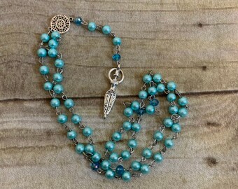 Blue faux pearl goddess prayer beads, pagan prayer beads, pagan rosary, wiccan rosary, wiccan prayer beads, goddess prayer beads