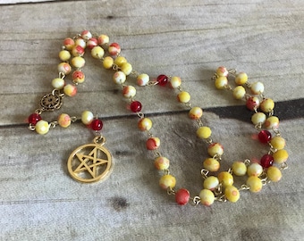 Yellow and red marbled pagan rosary, wiccan jewelry, pentacle necklacd, handmade, one of a kind, occult gift, witch jewelry