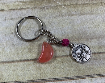 Cherry quartz cancer moon keychain, cancer gift, zodiac keychain, astrology keychain, crystal keychain, essential oil diffuser keychain