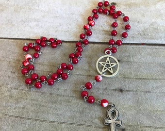 Red glass and howlite ankh rosary, pagan prayer beads, pagan rosary, egyptian inspired, ankh jewelry, wiccan necklace