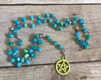 Bright blue and green pentacle pagan rosary, green pentacle jewelry, pagan prayer beads, wiccan jewelry