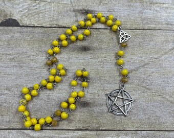 Bright yellow pentacle prayer beads, pagan prayer beads, wiccan prayer beads, occult prayer beads, witch rosary, pentacle rosary