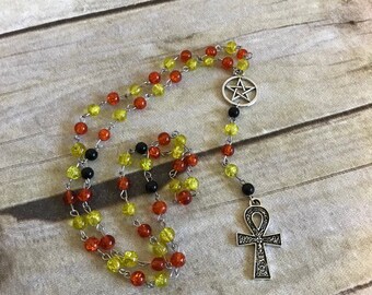 Orange and yellow ankh rosary, ankh prayer beads, ankh jewelry, wiccan rosary, pagan prayer beads, pagan jewelry, wiccan necklace
