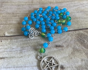 bright blue and green pagan rosary, pagan prayer beads, pagan jewelry, wiccan necklace, wiccan rosary, occult jewelry,