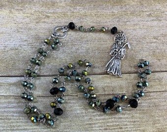 Green metallic Santa muerte rosary, santisima muerte rosary, nuestra senora de la Santa Muerte, saintly death rosary, sacred death rosary
