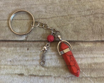 Red howlite sea horse keychain, crystal keychain, sea life keychain, aquatic keychain, ocean keychain, sea horse gift, seahorse keychain