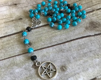 Blue drizzle pagan rosary, pagan prayer beads, wiccan necklace, wiccan jewelry, occult jewelry, pentacle necklace, pentacle rosary