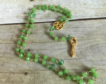 Green and gold goddess rosary, wiccan rosary, occult gift, pagan jewelry, spiral goddess, handmade, one of a kind