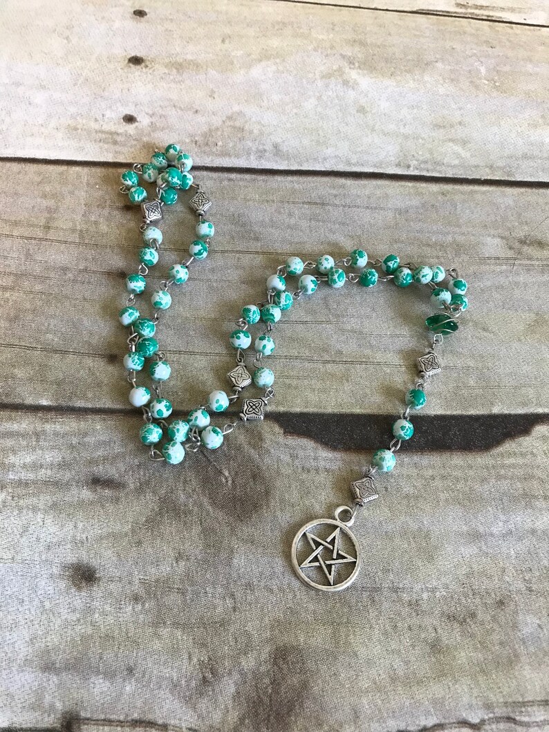 pentacle rosary occult jewelry Green splatter pagan rosary wiccan necklace pentacle jewelry wiccan rosary pagan prayer beads