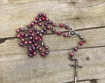 Pink and Purple Heart rosary, catholic rosary, religious jewelry, unique rosary, glass faux pearl rosary, handmade rosary, baptism gift