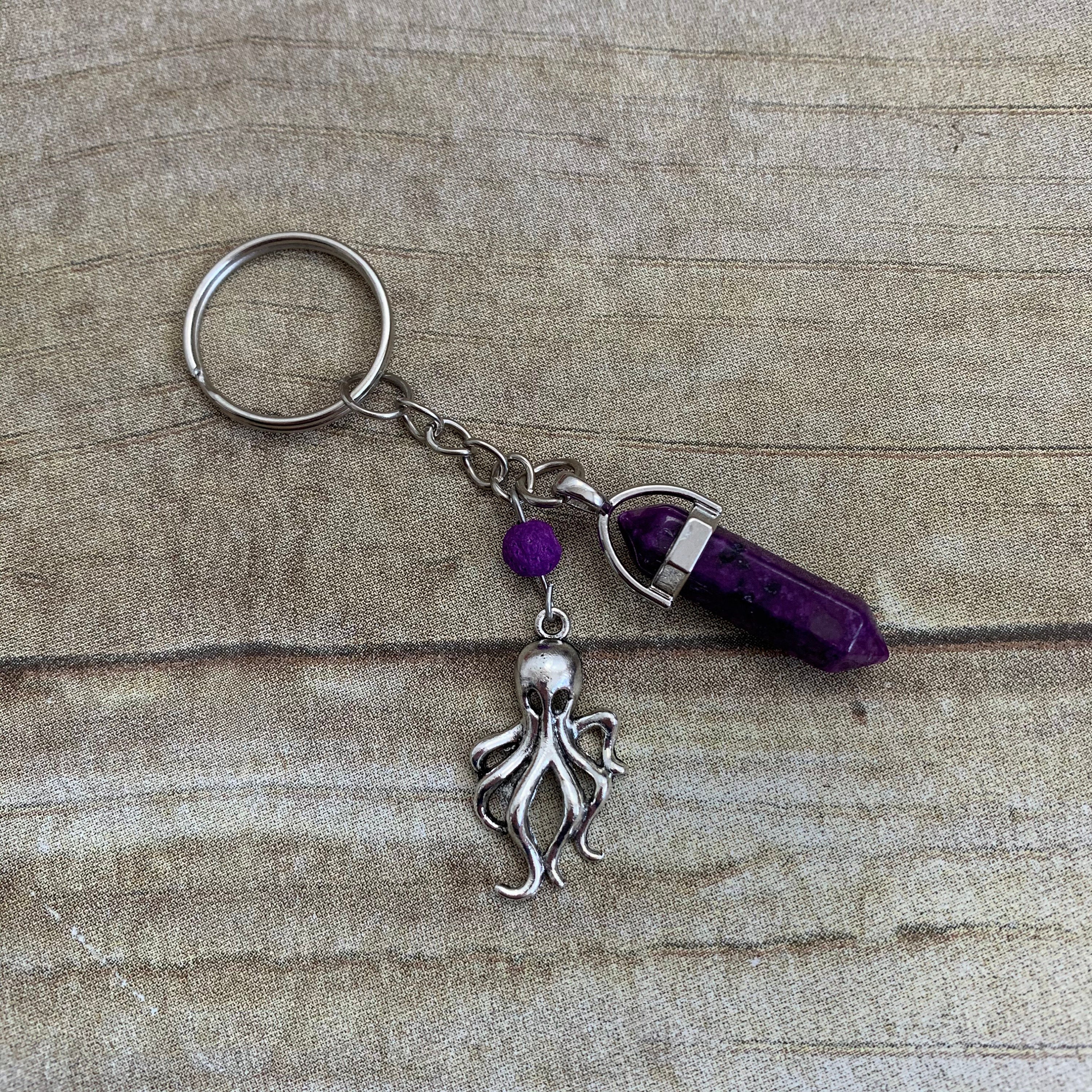Purple agate octopus keychain, octopi keychain, Cthulhu keychain, essential oil keychain