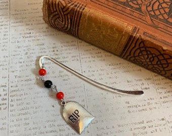 Red and black tombstone bookmark, graveyard bookmark, grave marker bookmark, headstone bookmark, halloween bookmark, horror bookmark