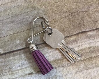 Purple suede tassel keychain, lanyard style keychain, essential oil diffuser keychain, tassel purse charm, boho accessories