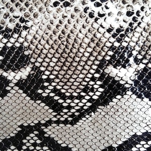 Peut inclure: Gros plan d'une surface texturée avec un motif peau de serpent. Le motif présente un motif d'écailles répétitives dans des tons de noir, blanc et gris, créant un effet réaliste de peau de reptile. Le motif est détaillé et complexe.
