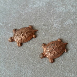 May include: Two copper-colored turtle figurines. Each turtle has a textured shell and detailed flippers, head, and tail. The figurines are displayed on a neutral-toned surface, showcasing their metallic finish and intricate design.