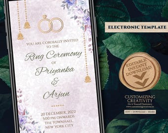 Ring Ceremony invite Spring as Summer Engagement template Indian, Digital Ring Ceremony cards Floral & WhatsApp Engagement invitations Hindu