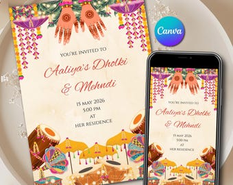 Dholki Mehndi Canva Invitation Instant Download & Dholak Henna Night Mehendi Mehandi Card | Editable Printable Digital WhatsApp Invite