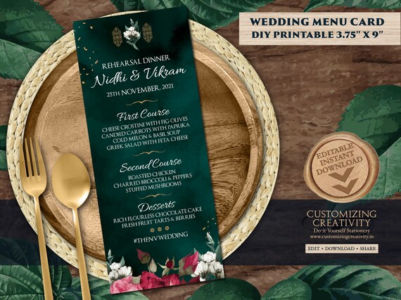 Emerald Menu Cards Wedding as Arabic Menu Cards, Table Menu 