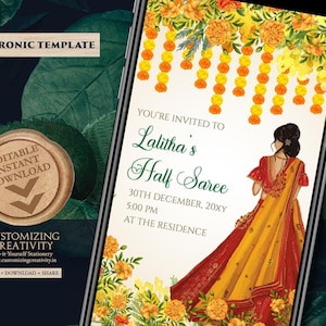 Half Saree function invitations & Saree Evite, Half saree invitations as Saree ceremony invite, Saree function invite as Half saree invites