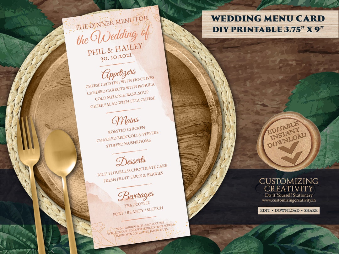 Wedding Menu Cards as Reception Menu Card, Indian Menu Template