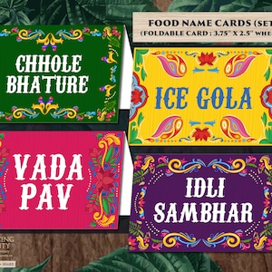 Carte de lieu de menu indien et décoration Mehndi, étiquettes de nourriture indienne décor Mehndi, décor de mariage indien étiquette alimentaire indienne, carte de nourriture de dîner indien