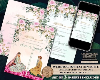 Digital Nikkah Invitation: Muslim Wedding Card Template (3 Inserts)