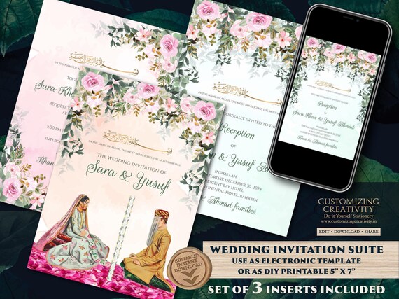 Digital Nikkah Invitation: Muslim Wedding Card Template (3 Inserts)