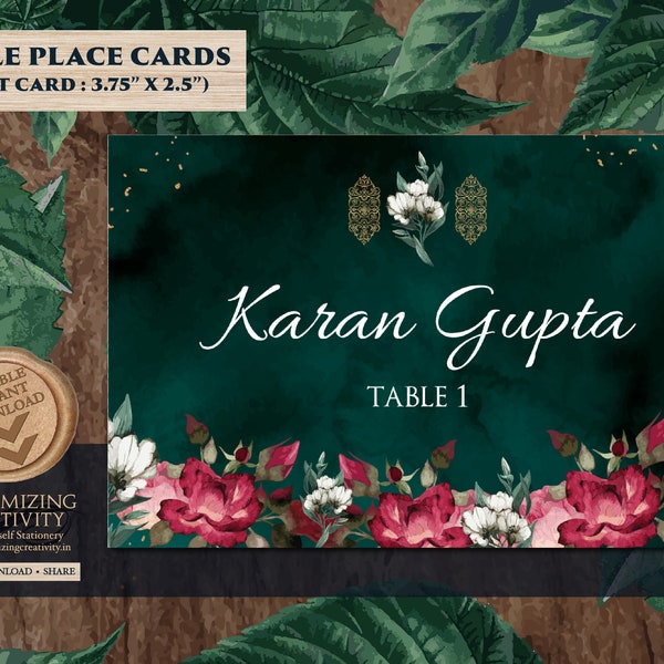 Jewel Tone Place Cards Emerald as Emerald Green table cards Indian, Indian escort cards Jewel Tone Name tag, Indian Menu Food Labels Wedding