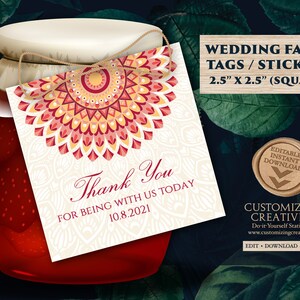 Mandala Thank You Tag Template for Indian Favor Tags, Red Thank You Tags avec Indian Mandala favor tag, Indian gift tags Modèle de mariage