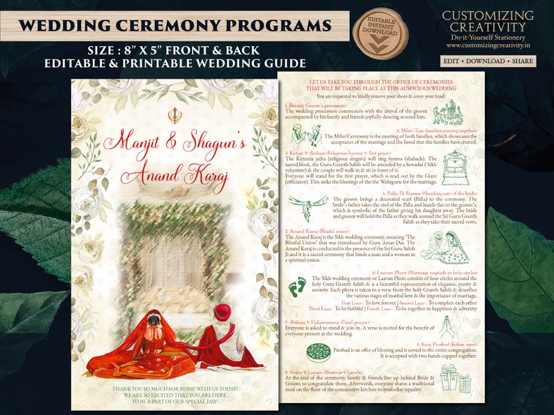 Anand Karaj guide Punjabi as Sikh Wedding program, Sikh ceremony guide & Sikh program, Sikh wedding guide as Anand Karaj programs Sikh guide image 1