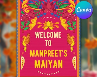 Modello di cartello di benvenuto Maiyan e insegna per camion Punjabi Haldi modificabile, modello di cartello di benvenuto per matrimonio indiano Canva, download immediato